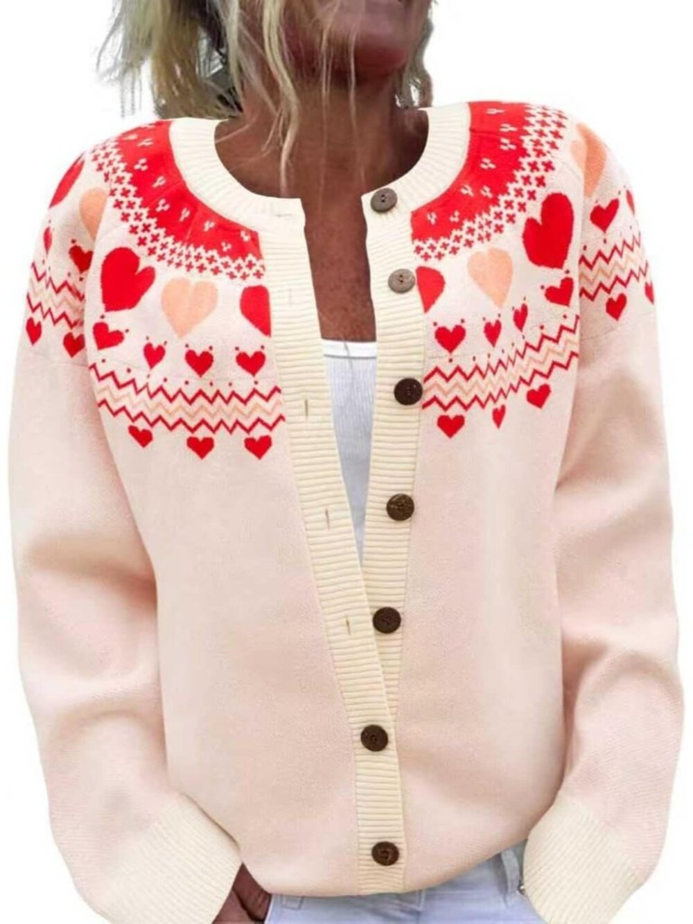 Women’s Cream Heart Fair Isle Valentine Knit Button Cardigan Sweater